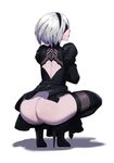  ass back back_cutout black_blindfold black_dress black_hairband black_legwear blindfold boots closed_mouth covered_eyes dress facing_to_the_side from_behind hairband high_heel_boots high_heels highres juliet_sleeves long_sleeves nier_(series) nier_automata puffy_sleeves scp-166_(artist) shadow short_hair silver_hair simple_background solo squatting thigh_boots thighhighs thighhighs_under_boots yorha_no._2_type_b 
