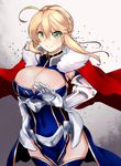  &gt;:) ahoge armor artoria_pendragon_(all) artoria_pendragon_(lancer) bangs blue_dress blue_legwear blush braid breasts center_opening cleavage cloak closed_mouth commentary_request covered_navel cowboy_shot dress error fate/grand_order fate_(series) floating_hair fur_trim furam gauntlets green_eyes large_breasts looking_at_viewer sidelocks smile solo thighhighs v-shaped_eyebrows 