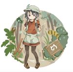  backpack bag black_eyes black_gloves black_hair blush blush_stickers brown_footwear bush check_commentary commentary commentary_request frown full_body gloves ground hat hat_feather helmet japari_symbol jpeg_artifacts kaban_(kemono_friends) kemono_friends loafers looking_at_viewer multiple_girls nose_blush onigiri_(ginseitou) outdoors pantyhose pith_helmet plant red_shirt sandstar serval_(kemono_friends) serval_tail shirt shoes short_hair short_sleeves shorts sign sketch stairs standing striped striped_tail tail tareme tree vines 