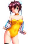  ;p armband bangs bare_shoulders blush breasts brown_hair bun_cover choker cleavage collarbone covered_navel cropped_legs digdug006 double_bun eyebrows_visible_through_hair green_eyes hair_ornament jacket kanamori_reiko looking_at_viewer off_shoulder one-piece_swimsuit one_eye_closed small_breasts solo swimsuit thighs tongue tongue_out white_background white_jacket wrestle_angels wrestle_angels_survivor yellow_neckwear yellow_swimsuit 