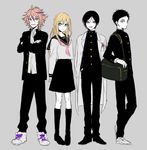  atsushi_toushirou bag black_hair black_legwear blonde_hair blue_eyes brown_eyes brown_hair crossed_arms duffel_bag gakuran gotou_toushirou grey_eyes grin highres kneehighs labcoat long_hair male_focus midare_toushirou multicolored_hair multiple_boys otoko_no_ko purple_eyes school_uniform serafuku skirt smile streaked_hair touken_ranbu yagen_toushirou zy_(dondokodo-mu) 