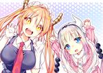  blonde_hair blue_eyes child claw_pose dragon_girl hair_ribbon horns kanna_kamui kobayashi-san_chi_no_maidragon long_hair maid maokezi multiple_girls open_mouth purple_hair ribbon tooru_(maidragon) twintails yellow_eyes 