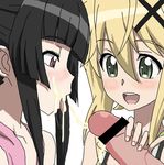  2girls :d a-san_(nijie24080) akatsuki_kirika bangs bar_censor blonde_hair blunt_bangs blush censored cum cum_in_mouth cum_string facial fellatio green_eyes hair_between_eyes hair_ornament handjob hetero multiple_girls open_mouth oral penis pinky_out profile senki_zesshou_symphogear sidelocks smile tsukuyomi_shirabe x_hair_ornament 