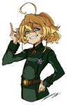  2017 ahoge belt blonde_hair blue_eyes dated grin hand_on_hip medal middle_finger military military_uniform pointing pointing_up ponytail smile smug solo tanya_degurechaff uniform upper_body white_background youjo_senki zukaketawagase 