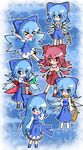  &gt;_&lt; achi_cirno advent_cirno alternate_color alternate_element alternate_hairstyle black_sleeves blue_eyes blue_hair blush bow chibi cirno cirno-nee closed_eyes cosplay fiery_wings fire hair_bow hakurei_reimu hakurei_reimu_(cosplay) highres ice long_hair multiple_girls multiple_persona parody red_eyes red_hair scarf shippuu_(sippu01) short_hair sword touhou weapon white_sleeves wings 