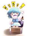  &gt;_&lt; blue_hair closed_eyes closed_umbrella fang hand_on_hip highres purple_umbrella solo tatara_kogasa touhou translated treasure_chest umbrella yume_shokunin 