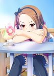  bored brown_eyes brown_hair drink hairband idolmaster idolmaster_(classic) idolmaster_2 long_hair minase_iori odayan sitting solo table thighhighs 
