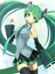  detached_sleeves green_eyes green_hair hatsune_miku headset long_hair necktie sakuyamochi skirt smile solo thighhighs twintails very_long_hair vocaloid 