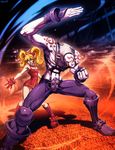  1girl albino bald blonde_hair boots couple earrings effie fighting_stance genzoman height_difference hetero jewelry muscle necro_(street_fighter) street_fighter street_fighter_iii_(series) tattoo twintails wide_hips 