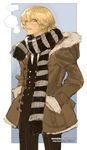  blonde_hair coat formal hand_in_pocket maggi male_focus original parka scarf solo striped striped_scarf suit winter_clothes winter_coat 