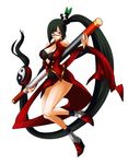  :&lt; bangs black_bra black_hair blazblue blazblue:_continuum_shift blunt_bangs boots bra breasts china_dress chinese_clothes cleavage cleavage_cutout dress fighting_stance full_body hair_ornament katou_yuuki lao_jiu large_breasts legs lingerie litchi_faye_ling long_hair naughty_face official_art panda ponytail red_eyes side_ponytail simple_background smile solo staff turtleneck underwear very_long_hair weapon yin_yang 