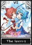  achi_cirno alternate_color alternate_element blue_eyes blue_hair bow cirno dual_persona fire hair_bow ice multiple_girls red_eyes red_hair short_hair takotsu tarot touhou wings 