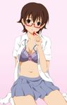  bad_id bad_pixiv_id blush bra breasts brown_eyes brown_hair cleavage food fruit glasses holding holding_food holding_fruit k-on! lingerie manabe_nodoka medium_breasts navel open_clothes open_shirt red-framed_eyewear red_eyes school_uniform semi-rimless_eyewear shian_(my_lonly_life.) shirt short_hair sitting skirt socks solo strawberry under-rim_eyewear underwear wariza white_legwear 