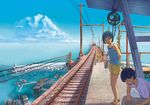  1girl boat cloud copyright_request couple day dock ground_vehicle heian_(heian11) hetero ocean railroad_tracks sandals scenery shorts sky town train train_station watercraft 