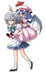  apron bad_id bad_pixiv_id bat_wings blue_hair bow braid carrying closed_eyes daishi_takamura fang grey_hair hair_bow hat hat_ribbon highres izayoi_sakuya maid maid_headdress multiple_girls piggyback pointing red_eyes remilia_scarlet ribbon short_hair smile touhou twin_braids wings 