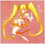  bad_id bad_pixiv_id blonde_hair boots bow character_name choker cure_sunshine heartcatch_precure! kabocha_torute knee_boots long_hair magical_girl midriff myoudouin_itsuki navel orange_(color) orange_choker orange_skirt pink_background precure ribbon skirt solo twintails very_long_hair yellow_bow 