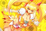  blonde_hair bow breasts choker cleavage cure_sunshine floral_background flower hair_ribbon heart heartcatch_precure! huge_breasts long_hair magical_girl midriff myoudouin_itsuki navel orange_(color) orange_bow orange_choker orange_skirt precure ribbon sentarou skirt solo sunflower twintails yellow_background yellow_eyes 