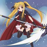  bardiche blonde_hair cape fate_testarossa gloves lmo long_hair lyrical_nanoha mahou_shoujo_lyrical_nanoha red_eyes solo thighhighs twintails 