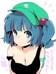  &gt;:) 1girl bare_shoulders blue_hair breasts cleavage closed_mouth face hair_bobbles hair_ornament ica kawashiro_nitori large_breasts smile solo strap_slip tank_top touhou translated twintails two_side_up upper_body v-shaped_eyebrows 