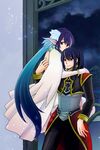  1girl alternate_costume asaki_yukia black_eyes black_hair blue_hair couple dress elf gloves hetero hug judith long_hair pointy_ears ponytail red_eyes tales_of_(series) tales_of_vesperia yuri_lowell 