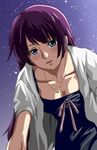  bakemonogatari blue_eyes breasts cleavage dress from_below jewelry long_hair looking_down medium_breasts monogatari_(series) necklace night no10 purple_hair senjougahara_hitagi smile solo star 