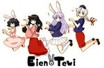  animal_ears black_hair blue_eyes braid bunny_ears bunny_hop closed_eyes grin hat houraisan_kaguya inaba_tewi jumping long_hair multiple_girls nurse_cap purple_hair red_eyes reisen_udongein_inaba short_hair silver_hair smile touhou uro yagokoro_eirin 