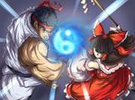  1girl black_hair bow brown_hair crossover detached_sleeves dougi energy_ball gohei hadouken hakurei_reimu headband muscle rockmajo ryuu_(street_fighter) street_fighter teamwork touhou yin_yang 