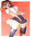  black_legwear blush breasts brown_eyes brown_hair geta hat highres large_breasts looking_at_viewer midriff navel onsoku_maru open_mouth red_eyes shameimaru_aya shirt short_hair smile solo surprised taut_clothes taut_shirt tengu-geta thighhighs tokin_hat touhou 