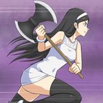  ass axe battle_axe black_hair black_legwear blue_eyes bracelet dress goriate hairband jewelry kumashiro_maya long_hair motion_blur polearm profile running seikimatsu_occult_gakuin short_dress skindentation solo speed_lines thighhighs weapon zettai_ryouiki 