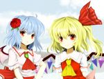  ahoge arms_behind_back ascot bat_wings blonde_hair blue_hair blush bow bunchou_(bunchou3103) dress flandre_scarlet flower hair_bow hair_flower hair_ornament multiple_girls no_hat no_headwear red_eyes remilia_scarlet rose short_hair siblings side_ponytail sisters slit_pupils smile touhou upper_body wavy_hair wings 