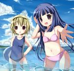  ball beachball bikini blonde_hair blue_hair blush cloud collarbone day fang flat_chest furude_rika hairband higurashi_no_naku_koro_ni houjou_satoko kazura long_hair multiple_girls navel one-piece_swimsuit open_mouth outdoors outstretched_arm outstretched_hand purple_eyes short_hair sky standing string_bikini swimsuit wading water 