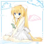  air barefoot blonde_hair blue_eyes dinosaur dress full_body highres kamio_misuzu long_hair natsu_(norari_kurari) ponytail sitting sketch smile solo stuffed_animal stuffed_toy sundress transparent_background very_long_hair wariza wings 