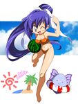  bad_id bad_pixiv_id barefoot bikini blue_eyes blue_hair blush_stickers food fruit highres holding holding_food holding_fruit kingetsu_mikoto long_hair one_eye_closed ponytail quiz_magic_academy solo swimsuit watermelon yuri_(quiz_magic_academy) 