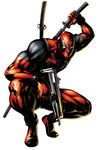  deadpool gun imi_uzi katana machine_pistol male_focus marvel marvel_vs._capcom marvel_vs._capcom_3 mask mori_toshiaki official_art sheath sheathed solo sparkle squatting submachine_gun sword weapon 