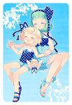  blonde_hair green_hair hair_ribbon high_heels highres juuno_(nekoda) kagiyama_hina legs medicine_melancholy multiple_girls polka_dot ribbon sandals shoes short_hair smile su-san touhou 