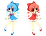  achi_cirno alternate_color alternate_element blue_eyes blue_hair blue_plan bow cirno dual_persona fiery_wings fire hair_bow ice multiple_girls polar_opposites red_eyes red_hair short_hair symmetry touhou wings 