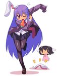  animal_ears black_hair black_legwear blazer bunny_ears bunny_tail carrot chacha_(tyatya) chibi chibi_inset detached_ears dressing inaba_tewi jacket long_hair mouth_hold multiple_girls necktie pantyhose purple_hair red_eyes reisen_udongein_inaba short_hair simple_background standing standing_on_one_leg tail touhou very_long_hair 