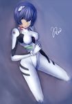  alternate_eye_color ayanami_rei bangs blue_hair bodysuit bracer breasts character_name cowboy_shot dutch_angle from_side gloves hair_between_eyes hair_ornament head_tilt legs_apart looking_at_viewer neon_genesis_evangelion parted_lips pilot_suit plugsuit purple_eyes ros short_hair signature simple_background slender_waist small_breasts solo turtleneck 