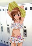  absurdres armpits arms_up bad_anatomy bikini blush brown_eyes brown_hair hair_ornament hairclip highres locker locker_room misaka_mikoto non-web_source official_art sano_keiichi shirt short_hair solo swimsuit to_aru_kagaku_no_railgun to_aru_majutsu_no_index undressing 