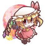  ascot blonde_hair blush bow fang flandre_scarlet hat laevatein open_mouth red_eyes short_hair side_ponytail smile solo touhou vampire wings yukiduki 