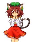  :3 animal_ears blush brown_hair cat_ears cat_tail chen earrings hat heart heart_tail hiyoshi_(skick) jewelry multiple_tails red_eyes short_hair solo standing tail touhou 