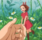  :d anime_coloring arplants arrietty bad_id bad_pixiv_id blush boots brown_eyes brown_hair daisy flower hands karigurashi_no_arrietty minigirl open_mouth ponytail smile solo_focus standing standing_on_one_leg 