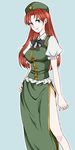  blue_eyes bow china_dress chinese_clothes dress hand_on_hip hat hong_meiling long_hair nobody-knows red_hair side_slit smile solo star touhou 