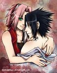  1girl black_hair cherubchan couple green_eyes haruno_sakura hetero naruto naruto_(series) pink_hair tattoo uchiha_sasuke 