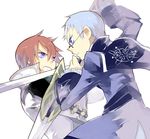  asbel_lhant bad_id bad_pixiv_id battle blue_eyes blue_hair brothers brown_hair duel frills glasses hubert_ozwell male_focus multiple_boys siblings sword tales_of_(series) tales_of_graces weapon white_background zenmai 
