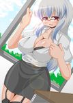  akasode_(tyaramu) bespectacled bra breasts cleavage glasses highres kamishirasawa_keine large_breasts lens_flare lingerie long_hair miniskirt multicolored_hair red_eyes silver_hair skirt solo sweat teacher thighhighs touhou two-tone_hair underwear zettai_ryouiki 