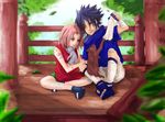  1girl black_hair cat couple deviantart_username green_eyes haruno_sakura hetero naruto naruto_(series) ninja outdoors pink_hair propertyoftheuchiha uchiha_sasuke watermark web_address 