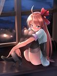  :o ahoge alfiria ass black_legwear blonde_hair blue_eyes blush corset hair_ribbon high_heels highres leg_hug legs long_hair looking_at_viewer md5_mismatch night night_sky original priget ribbon shoes sitting sky solo star_(sky) thighhighs thighs window yuki_usagi_(mofurafu) 