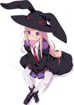  animal_hat ankle_boots blonde_hair boots candy food glasses hat ink_(artist) lollipop long_hair majolica_le_fay mouth_hold necktie ookami-san pantyhose purple_eyes purple_legwear robe school_uniform skirt solo stitches swirl_lollipop witch_hat 