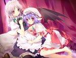  barefoot braid feet garter_belt hat highres izayoi_sakuya maid maid_headdress multiple_girls purple_hair red_eyes remilia_scarlet short_hair silver_hair thighhighs tokira_nozumi touhou twin_braids yuri 